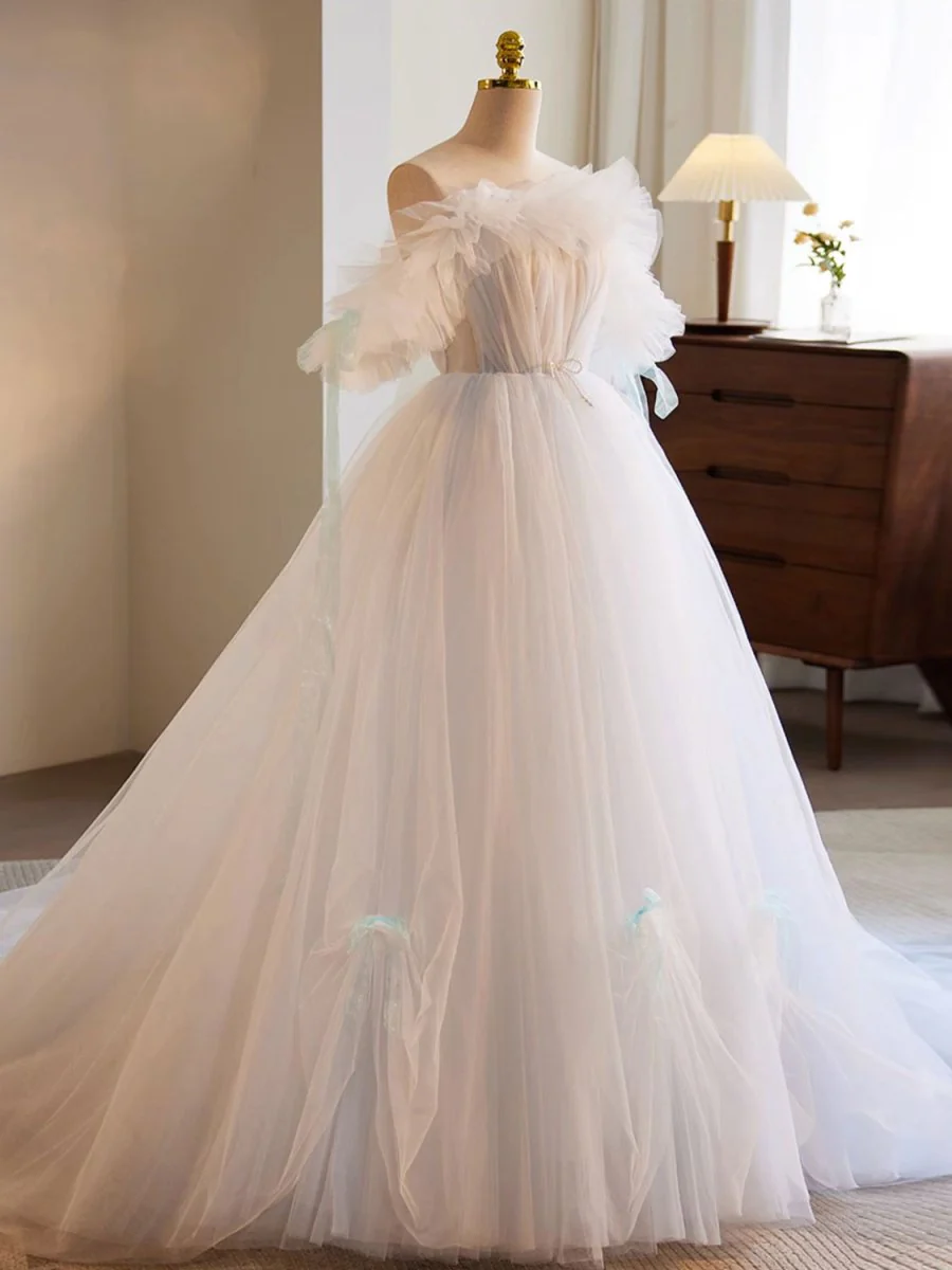 White A-Line Tulle Long Prom Dress White Formal Dress