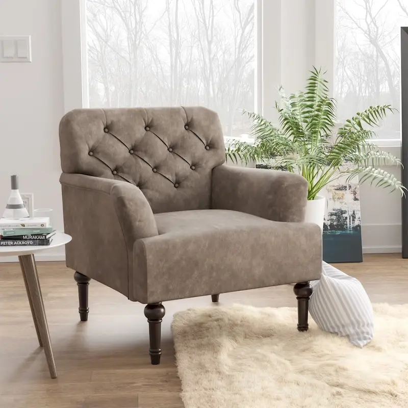 Brown / Grey Transitional Tufted Accent Chair, Vinyl Upholstery, Single Seat