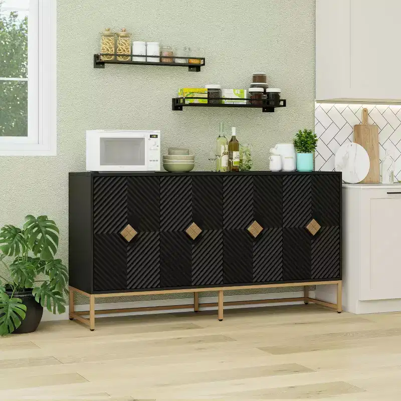 Okak Modern Storage Cabinet With 4 Carved Door&Adjustable Shelf, Sideboard Buffet Cabinet Coffee Bar For Living Room,Diningroom,Kitchen