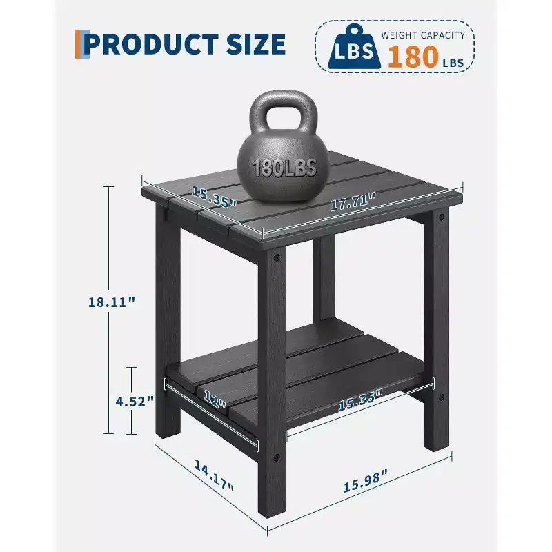 Adirondack Outdoor Side Table 18 x 15 in, HDPE 2-Tier Patio Side Tables for Outside, All-Weather End Table for Patio Pool Deck Indoor Backyard