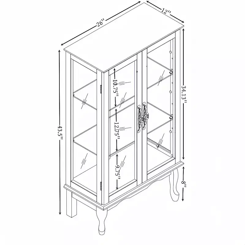Elegant 2-Door Curio Cabinet with Tempered Glass Doors, Mirrored Back Panel, and Adjustable Shelves - Lighted Display Cabinet for Home
