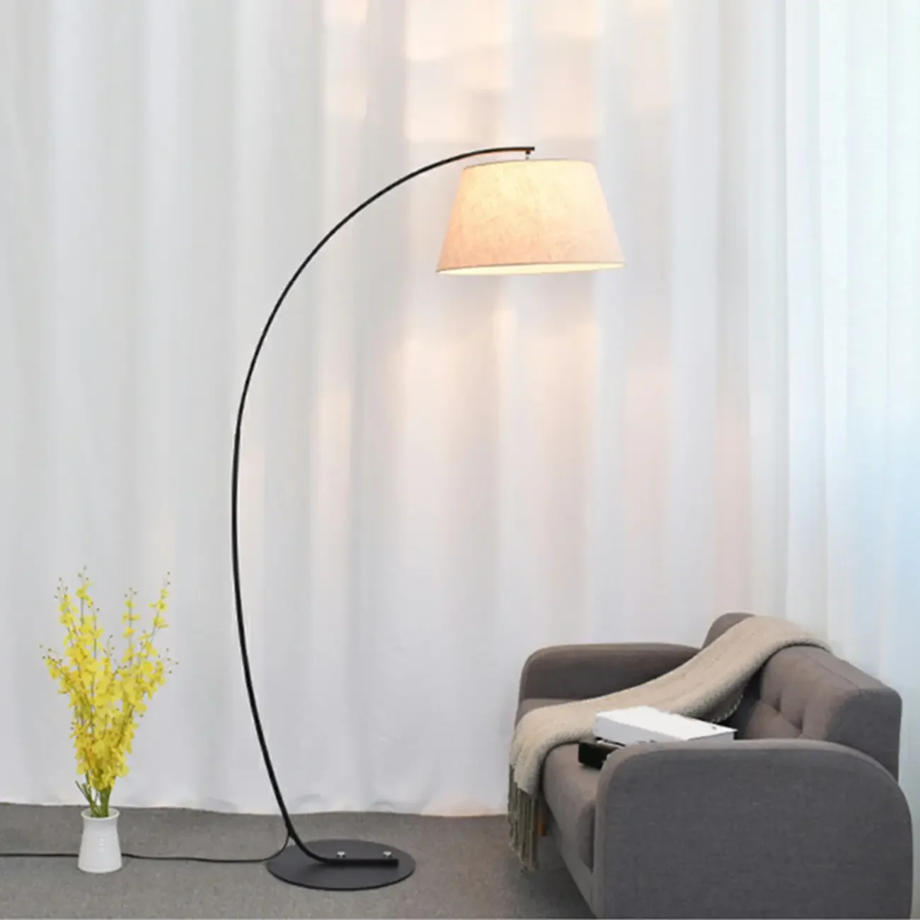 Modern LED Arc Floor Lamp with Fabric Shade for Living Room