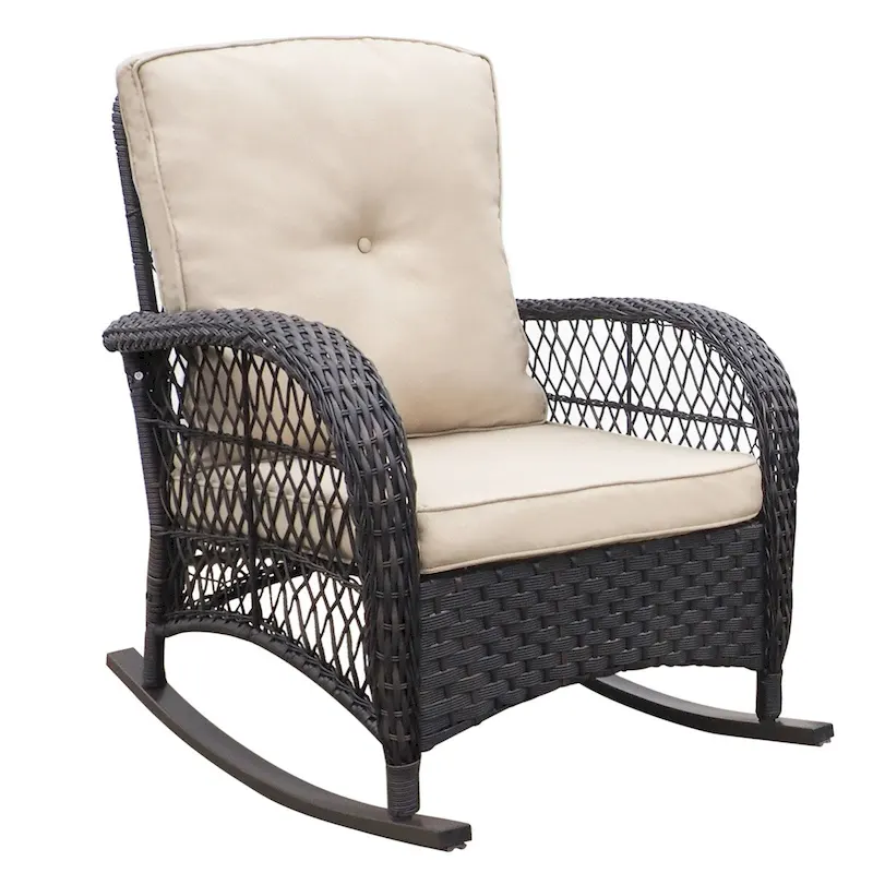 Outdoor Rattan Rocker Chair with Cushion and Powder-coated Metal Frame