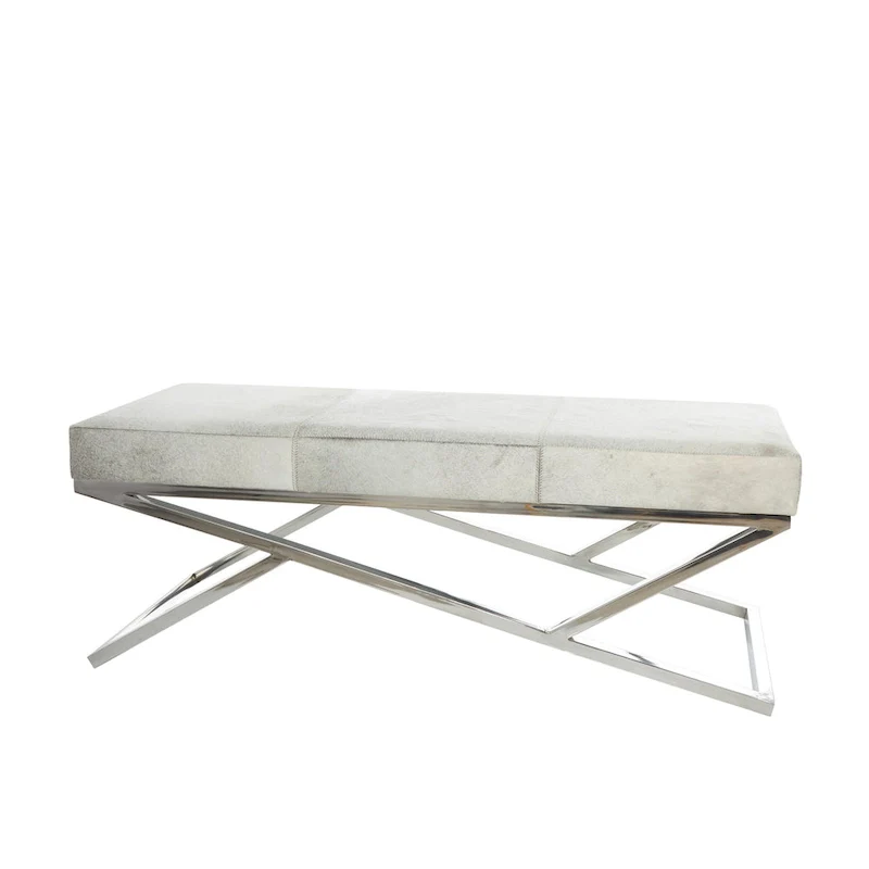 Leather Geometric Home Bench with Angled Silver Metal Base - Light Grey