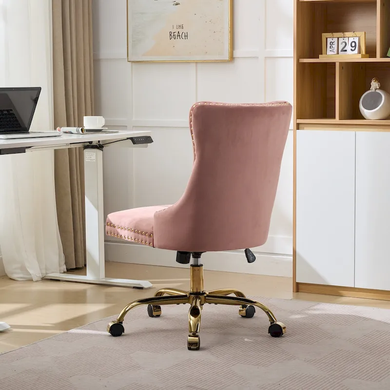 A&A Gray Velvet Tufted Home Office Chair with Golden Metal Base - Adjustable Swivel Desk Chair