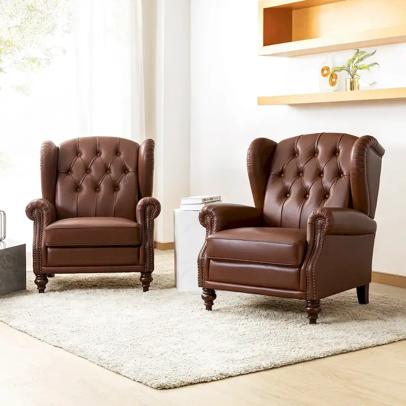 Brown Genuine Leather Wingback Armchair with Nailhead Trim, Set of 2, 1-Person
