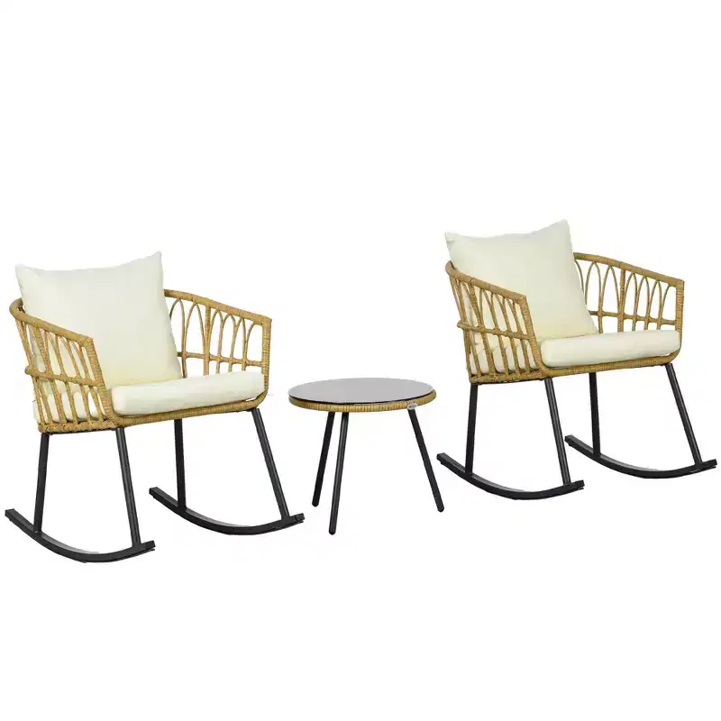 Wicker Outdoor Rocking Chair Set, 3 Piece Patio Bistro Set with 2 Porch Rocker Chairs, Glass Top Coffee Table and Cushions, Patio Conversation Set