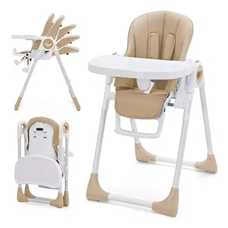 Collapsible Baby High Chair with 7-Height/5-Recline, Double Tray, 5-Pt Harness, 1-Hand Fold, Easy-Clean, Portable, Grey/Champagne