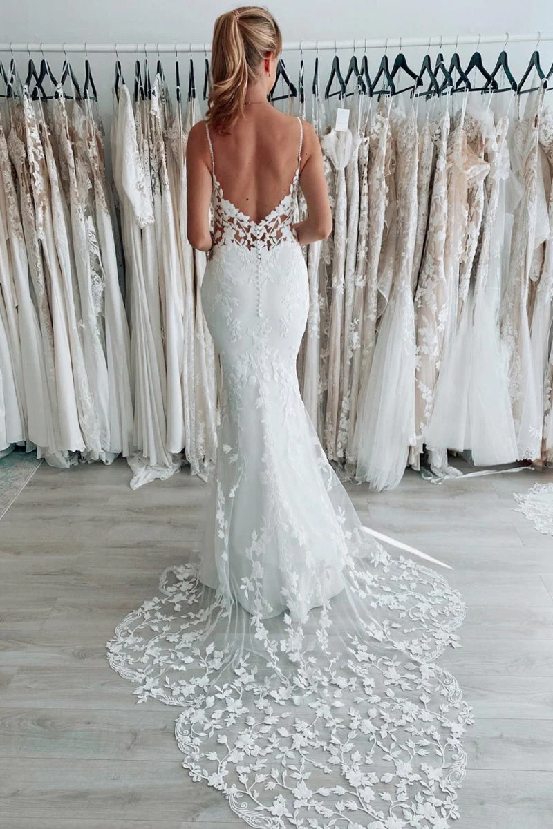 White Spaghetti Straps Backless Long Wedding Dress with Lace