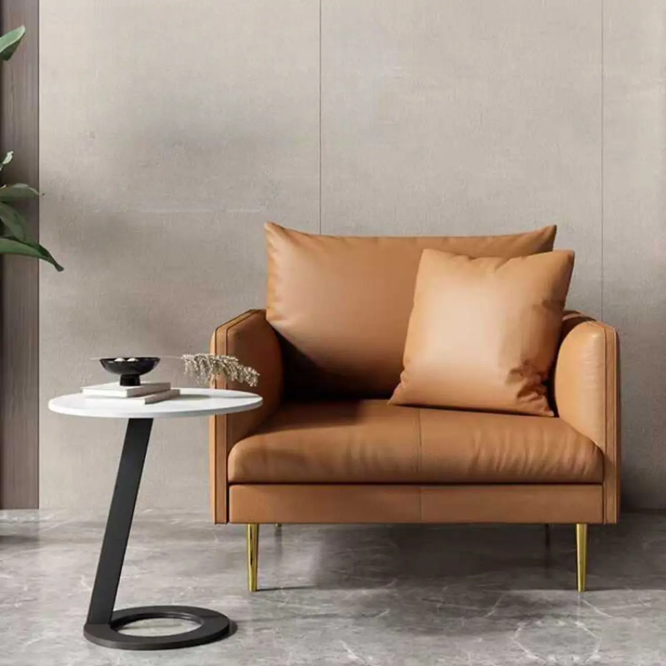 White Modern Stone Metal C Shaped Round Side Table