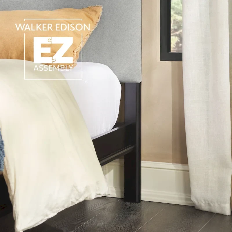 Walker Edison Solid Wood King Bed with Curved Upholstered Headboard