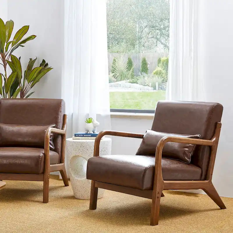 Glitzhome Set of 2 30.75 H Mid-Century Modern PU Leather Accent Chairs with Cushion - 25.75 W x 33.75 D x 30.75 H