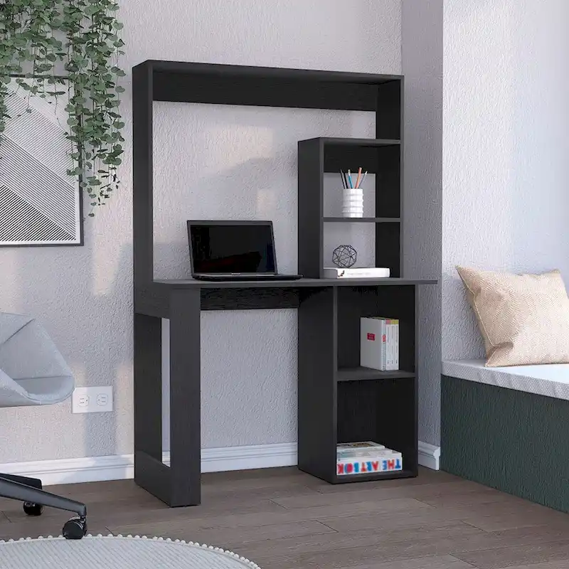 Black Hutch Desk with Shelves – Single Person