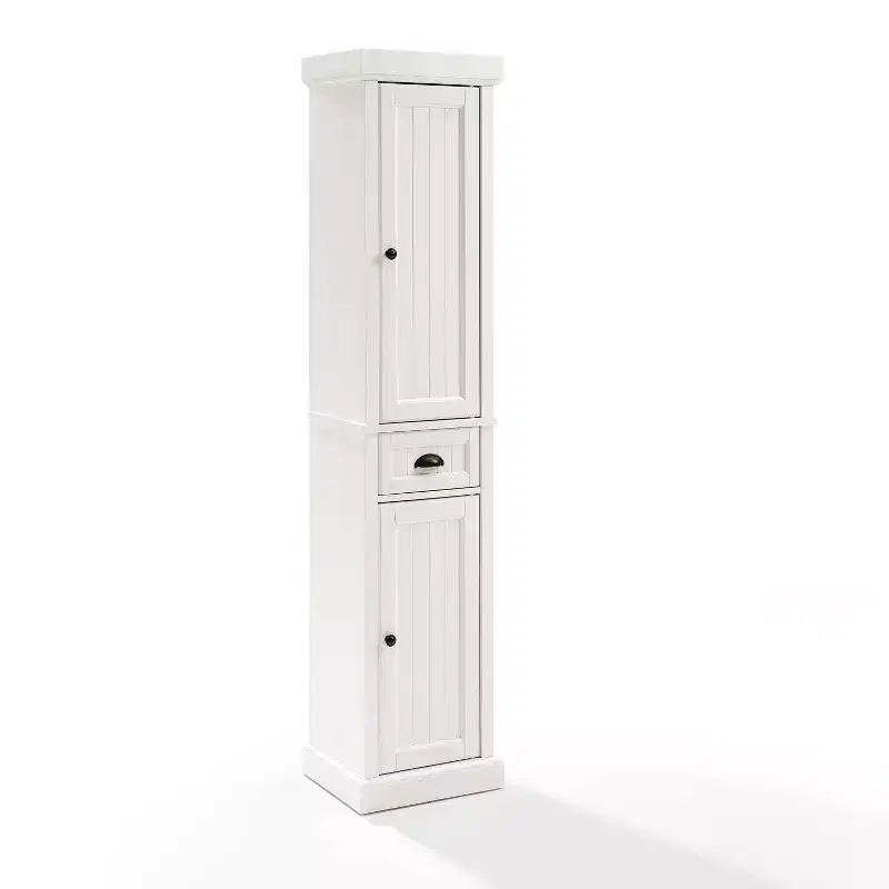 Seaside Tall Linen Cabinet White - Crosley: Freestanding MDF Storage, 2 Doors, 1 Drawer, 6 Shelves, Coastal Style