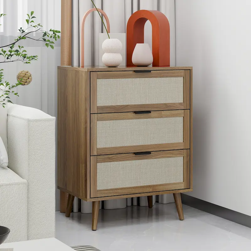 Walnut / Black / Blue / Natural / Dark Green Rattan 3-Drawer Side Table – 1 Person Use