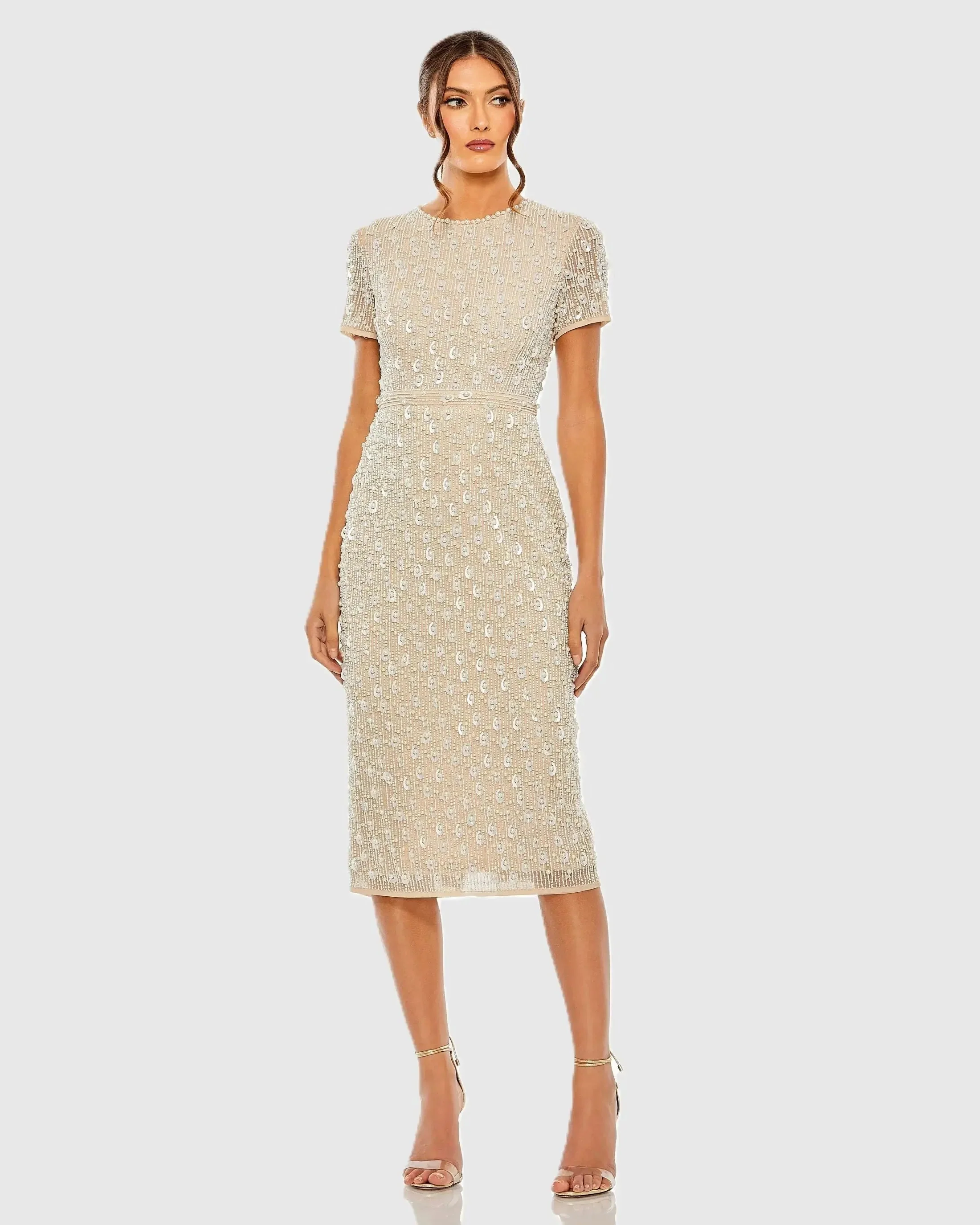 Beige High Neck Short Sleeve Embellished Midi Sheath Dress