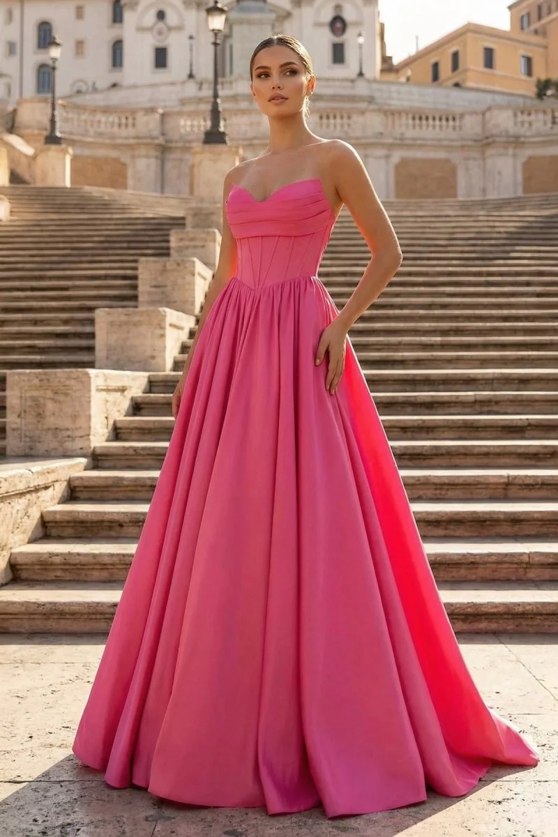 Hot Pink Strapless Lace-Up A-Line Long Formal Dress