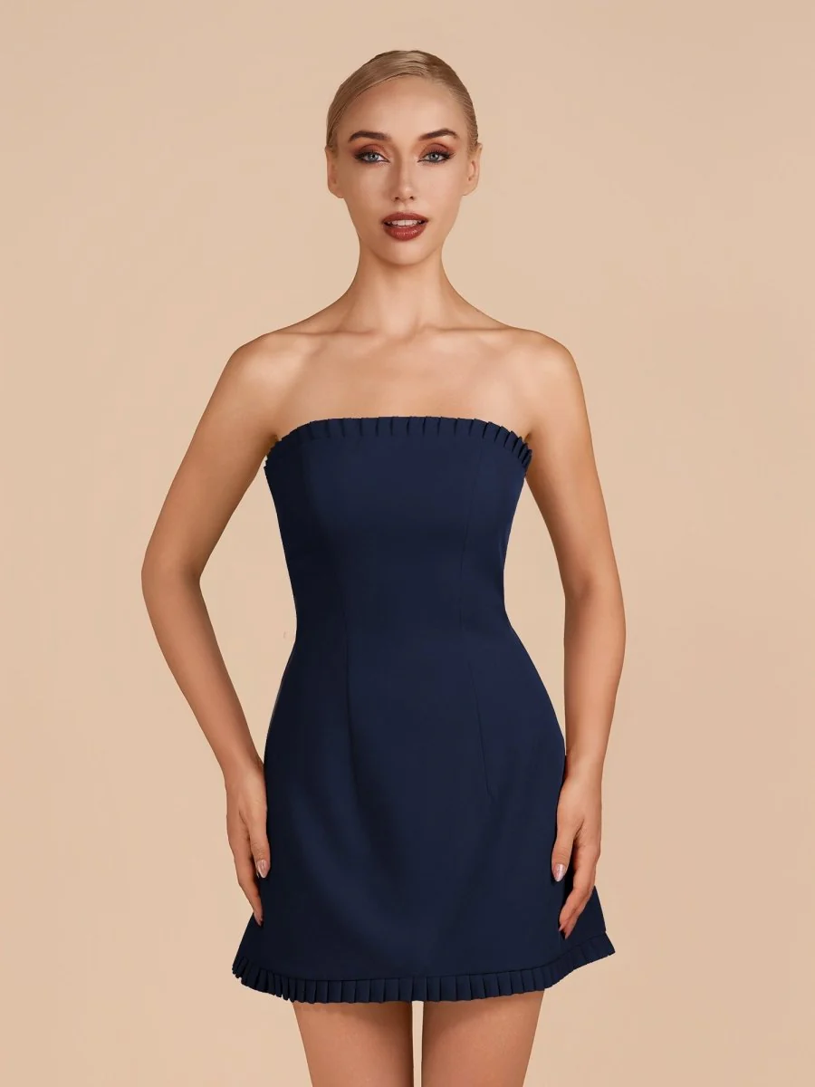 Navy Blue - A-Line Strapless Ruffles Short Homecoming Dresses