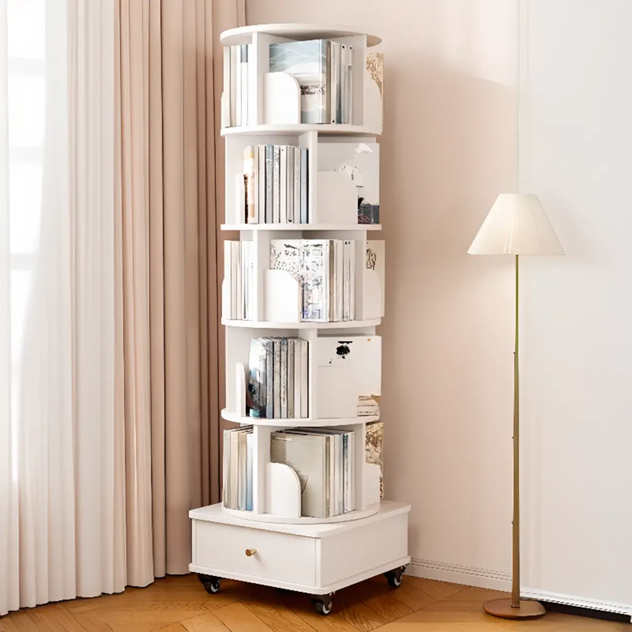 Narrow Wood 5-Tier Revolver Sliding Bookcase with Drawer