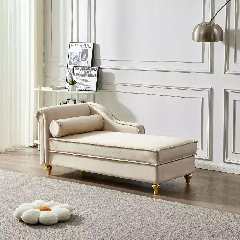 MAYEERTY Velvet Chaise Lounge Sofa with Gold Metal Legs Round Pillow for Living Room Beige