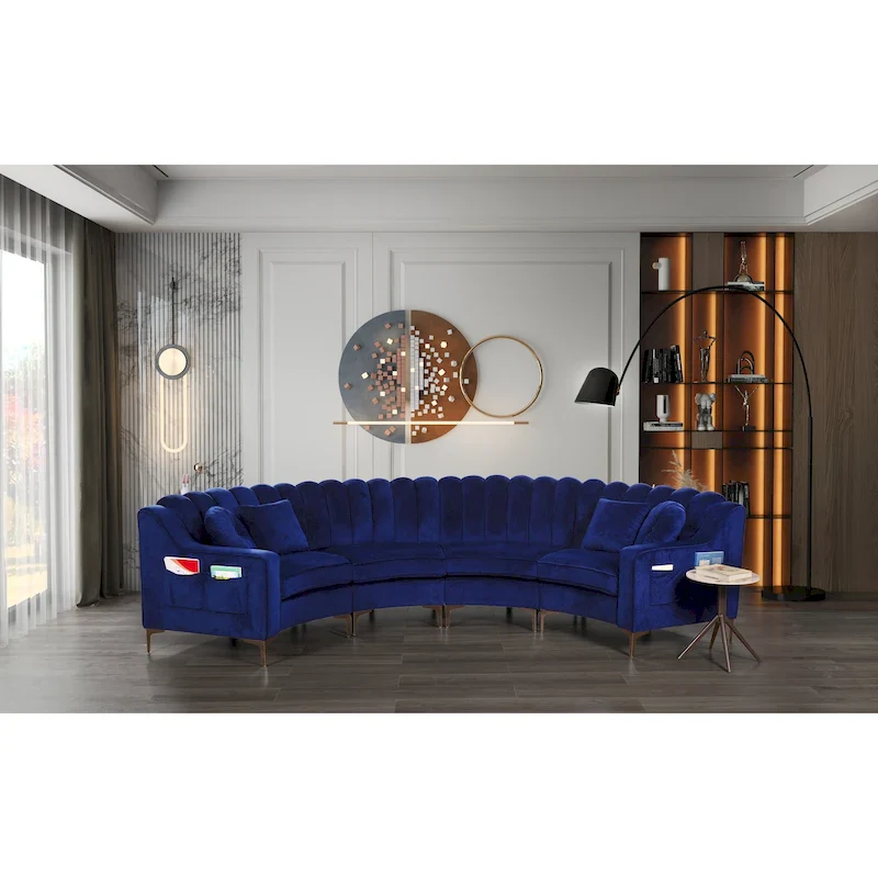 Blue / Cream / Grey Velvet Round Sectional Sofa, 4-Seat