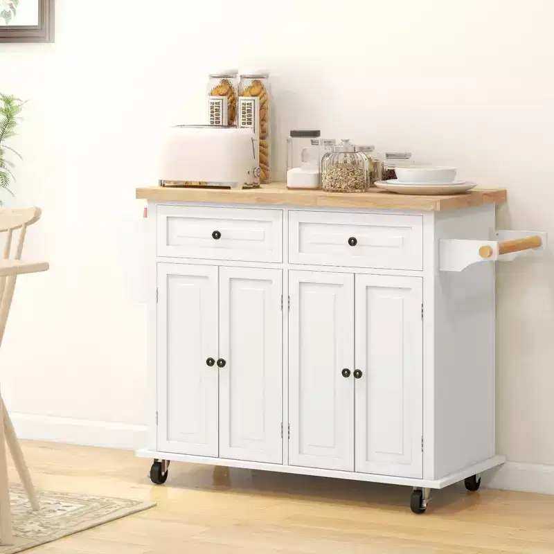 HOMCOM Kitchen Island on Wheels, Rolling Cart with Rubber Wood Top, Spice Rack, Towel Rack & Drawers for Dining Room
