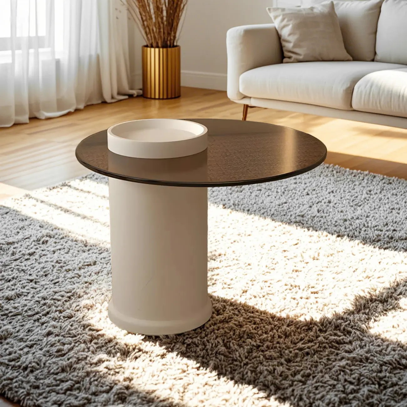 White Round Modern Wood Coffee Table with Storage Base