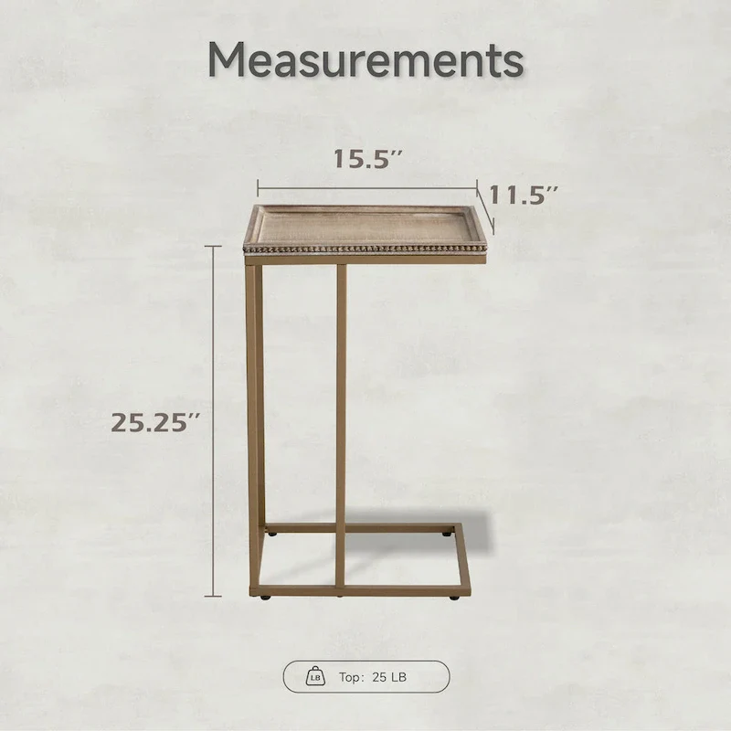 Distressed Wood C-Shaped End Table with Metal Base