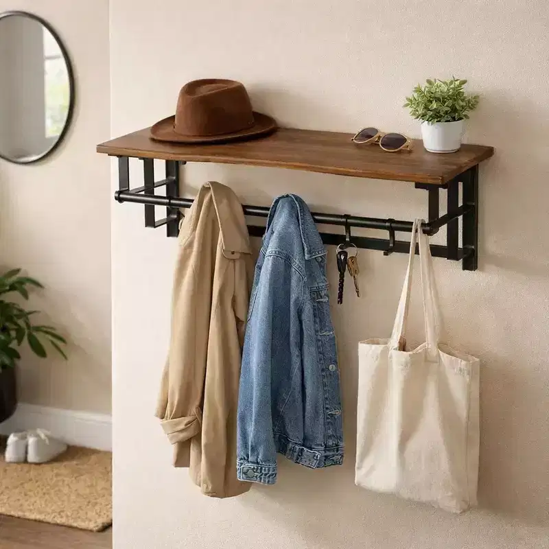 Royal Hampton 26 Inch Industrial Wall Mount Coat Rack with Metal Frame, 5 Hooks and 1 Shelf, Rustic Brown & Black