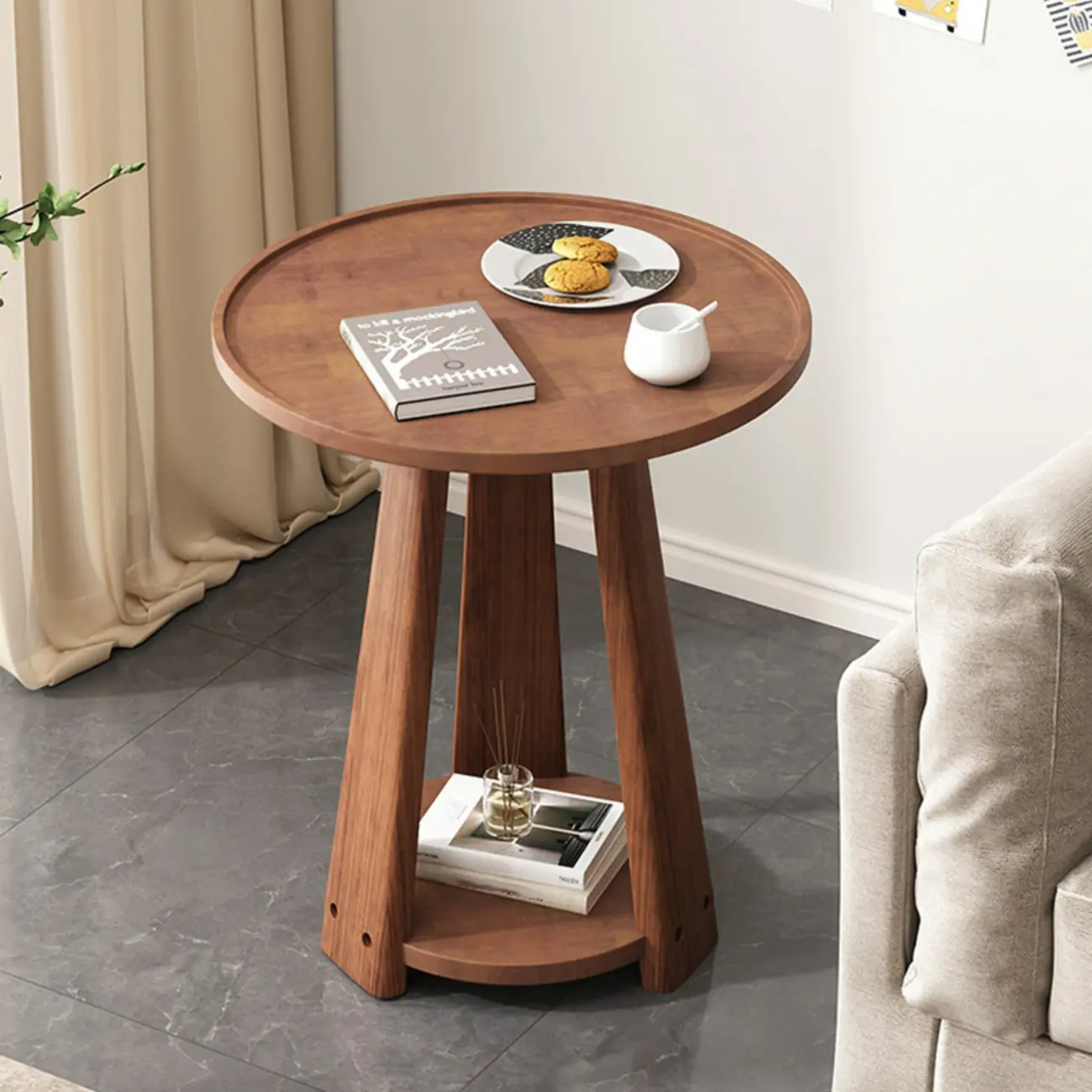 Tray Top Round Wood End Table with Storage for Living Room