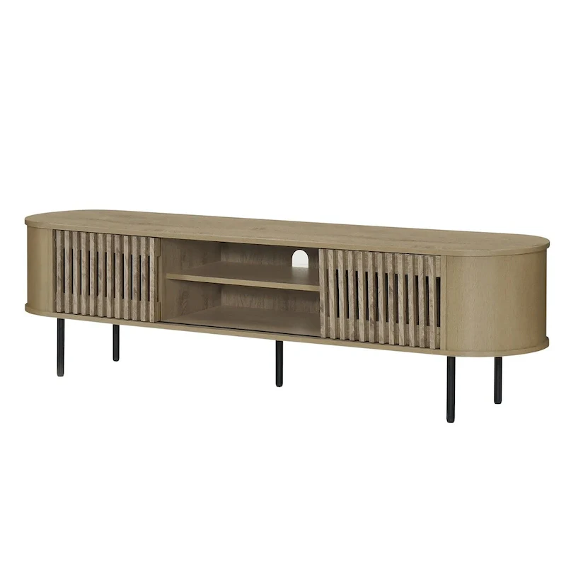 Natural / Walnut 2-Shelf TV Console with Sliding Tambor Doors & Black Metal Legs – 71 Inch