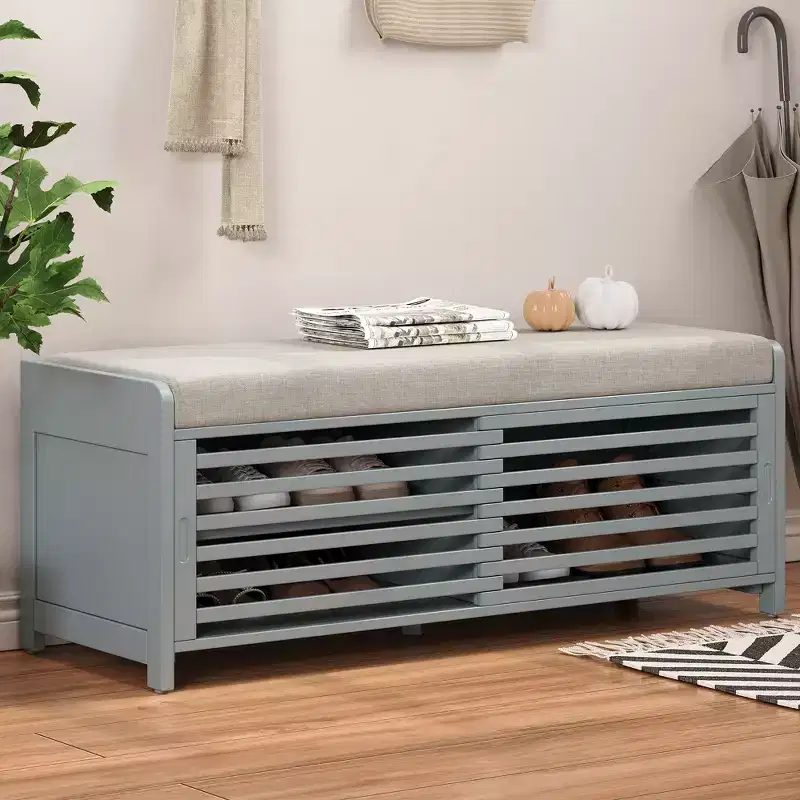 Shutter Storage Ottoman with Cushion, Entryway Shoe Bench for Living Room and Hallway Organization