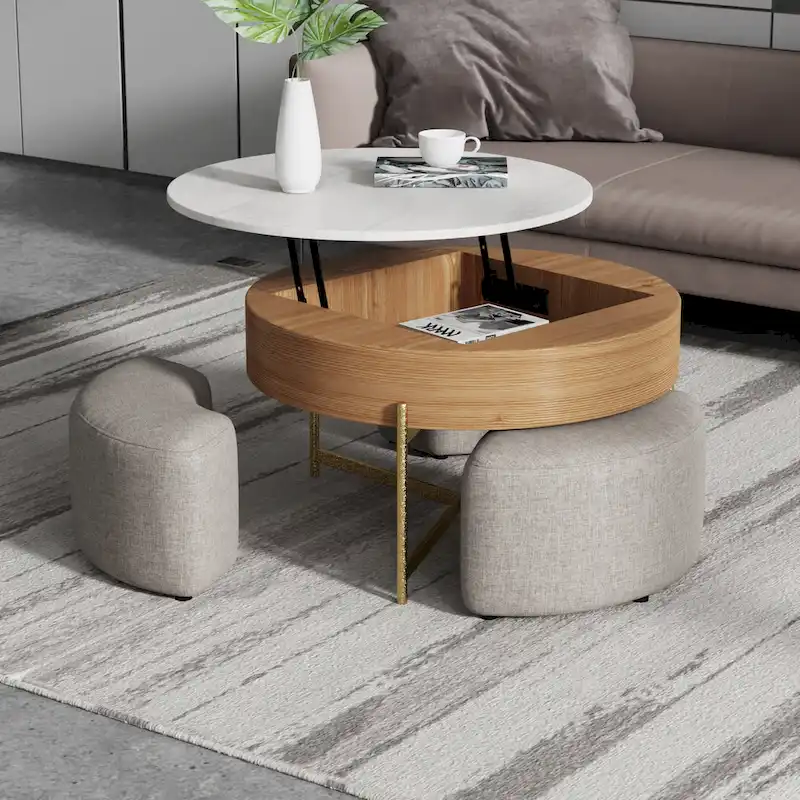 Round Lift-Top Coffee Table Set with 3 Ottomans