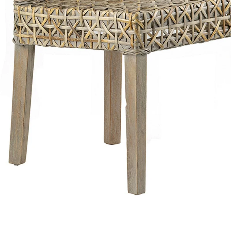 22 Inch Side Dining Chair, Woven Rattan Backrest and Seat, Weathered Gray