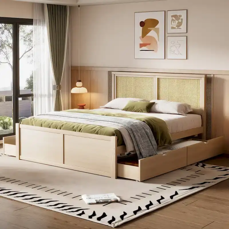 Queen Size Wood Platform Bed with 4 Storage Drawers and Rattan Headboard