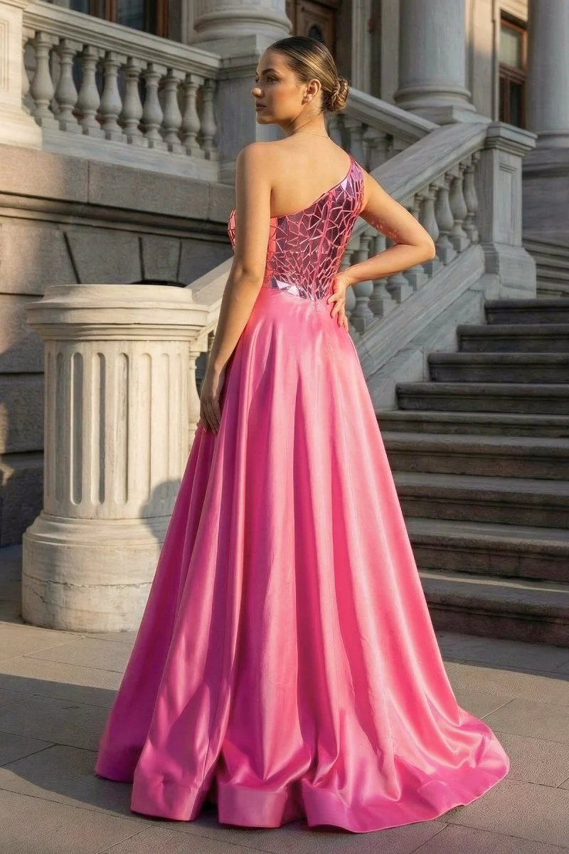 A Line One Shoulder Sequins Long Prom Dress with Slit