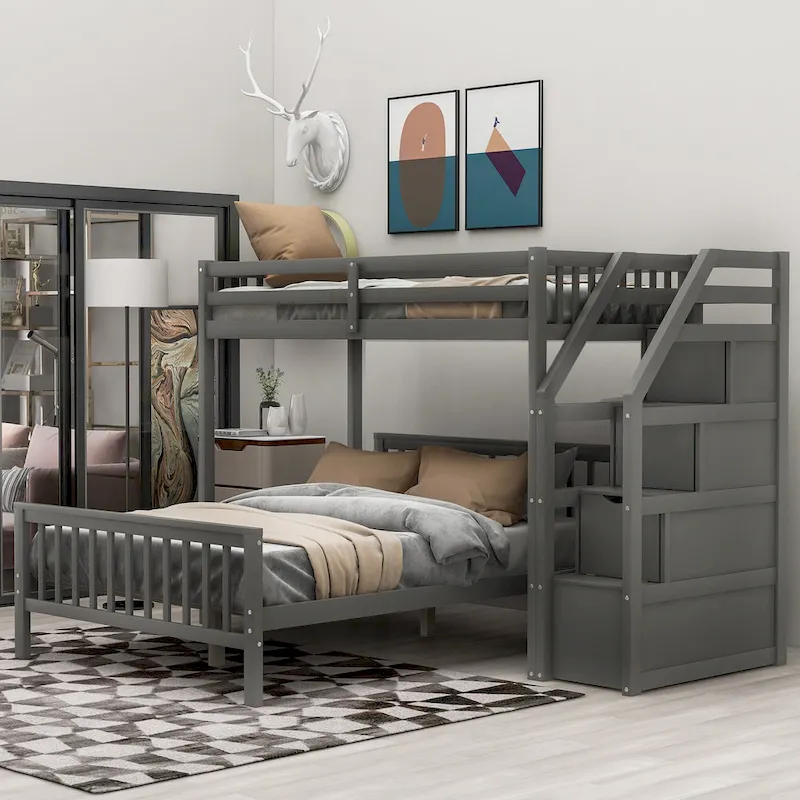 Twin Over Full Wood Loft Bed with Staircase,High Guardrails and Ladder