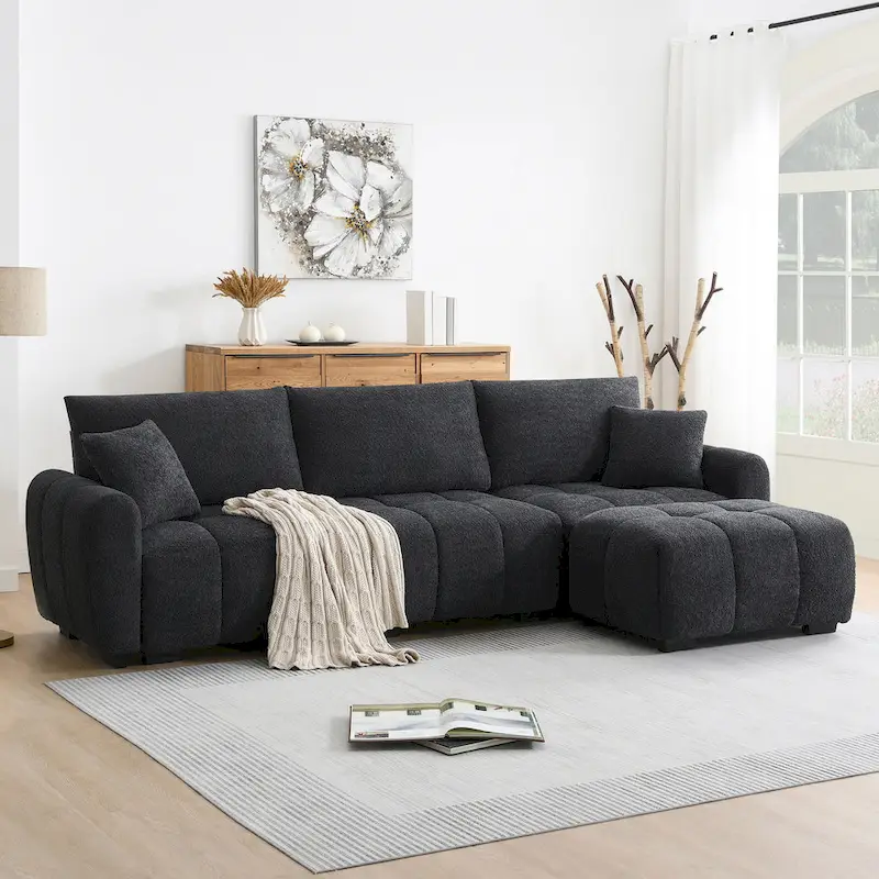 100 L-Shaped Sofa Boucle Fabric Couch with Movable Ottoman