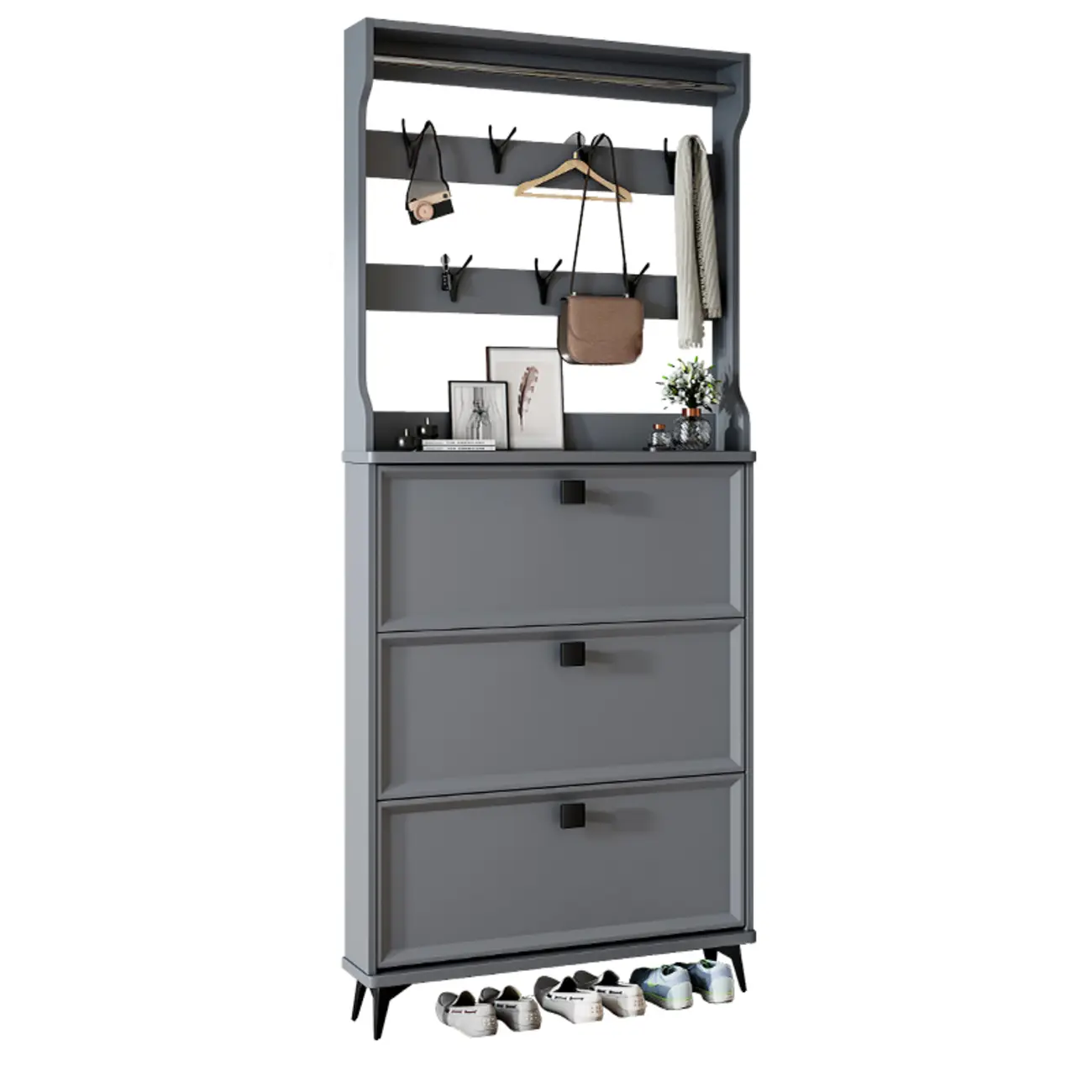 Drop-Front Adjustable Modern White Wood Narrow Shoe Cabinet