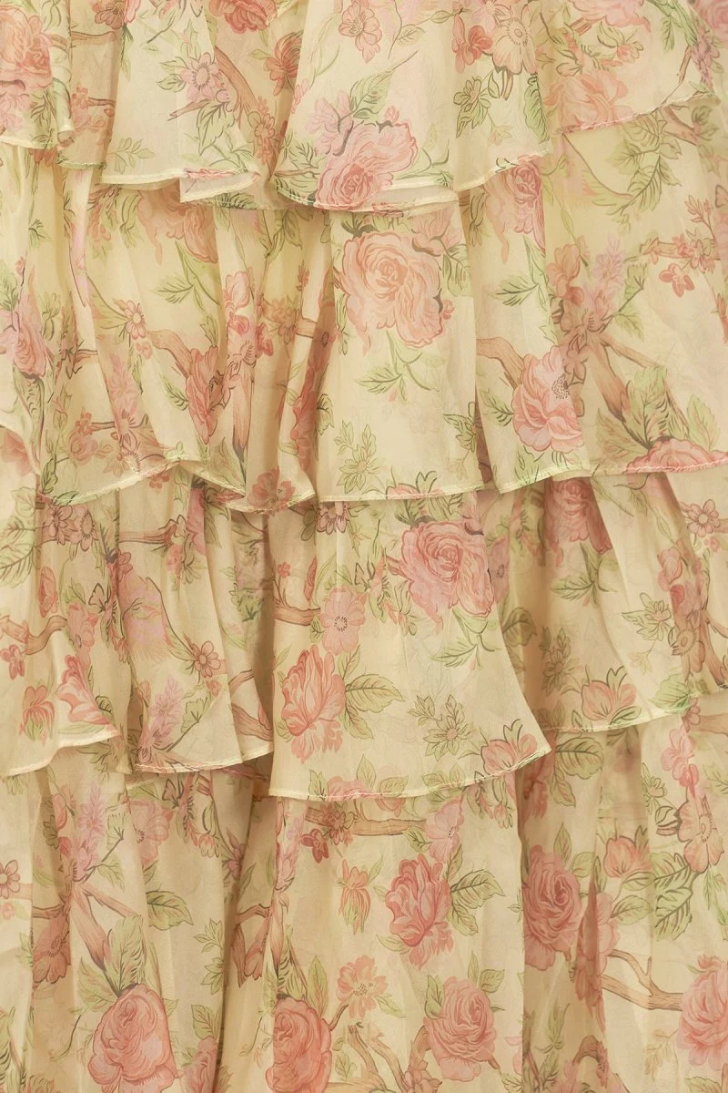 Yellow - Scoop Neck A Line Floral Chiffon Ruffled Prom Dresses With Beading