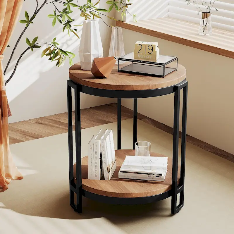 End tables for living room,Round End Table,Round Side Table with Metal Frame