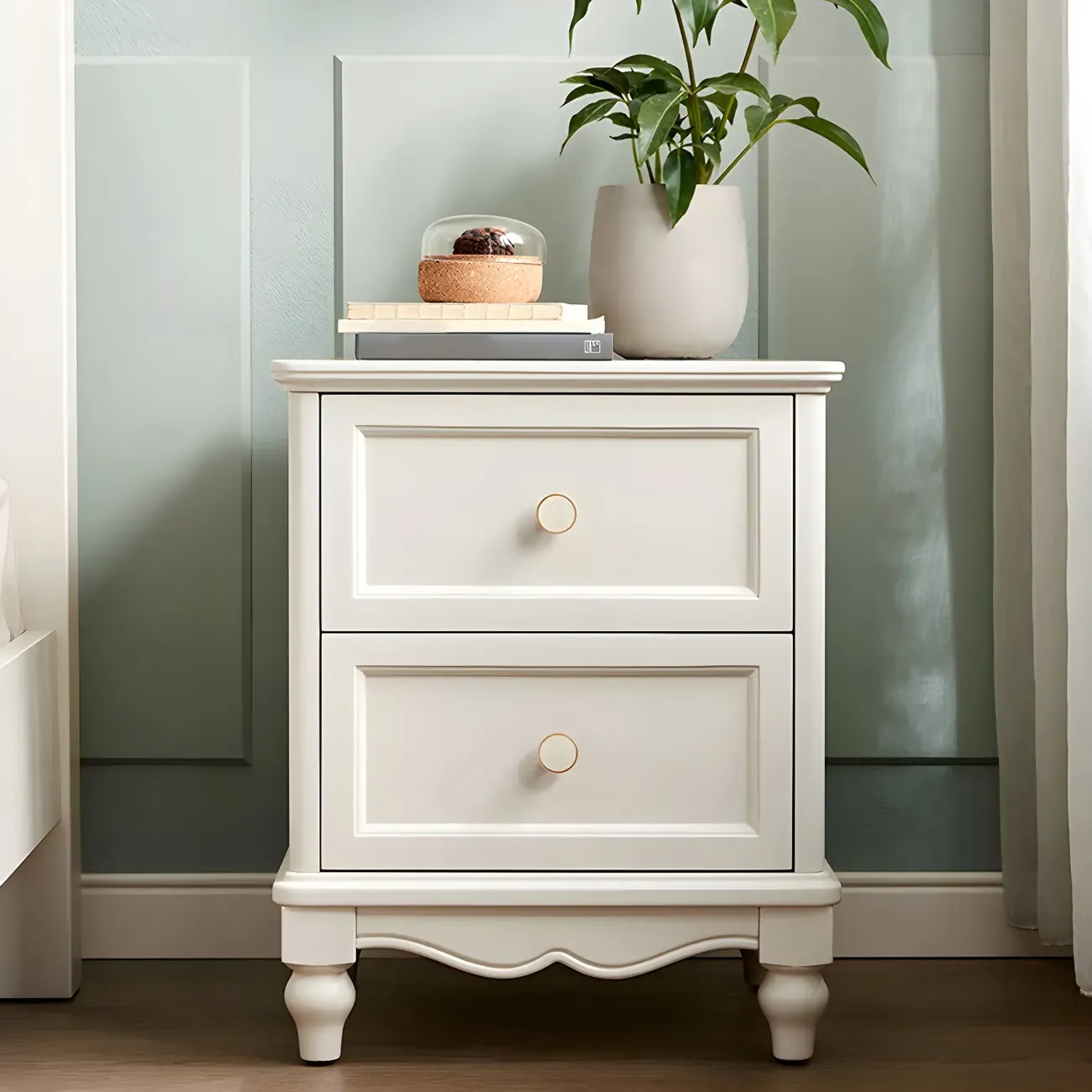 French 2-Layer White Wood Bedroom Nightstand