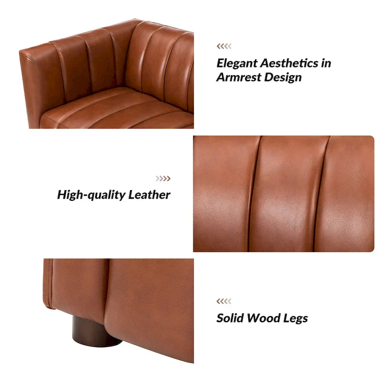 Olinto Modern Camel 83-Inch Genuine Leather Curved Couch with Channel Back by HULALA HOME