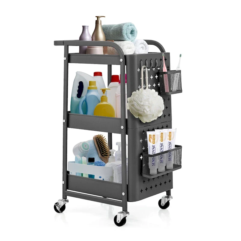 Grey / White 3-Tier Rolling Carbon Steel Utility Cart with Pegboards & Locking Casters – Single