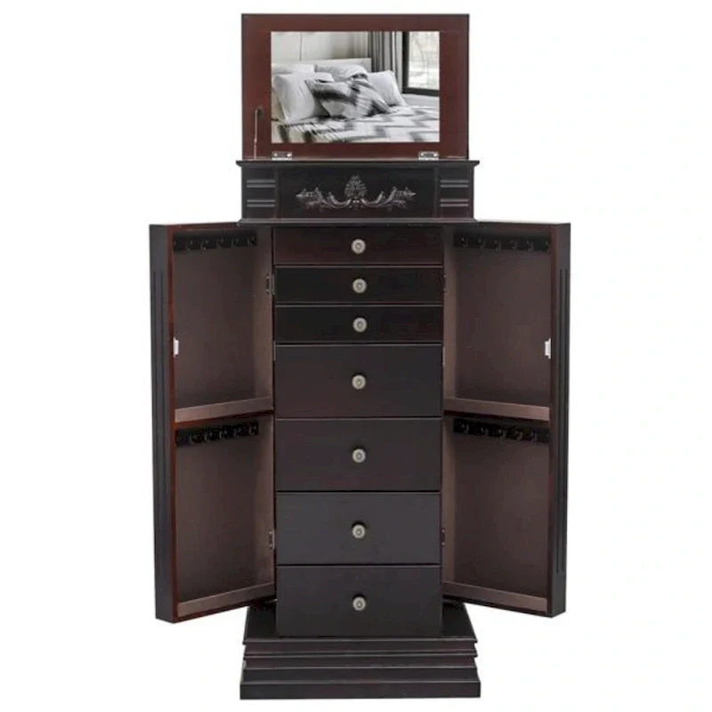 Stylish Jewelry Armoire with Mirror and Necklace Hooks - 18.5 x 12 x 42