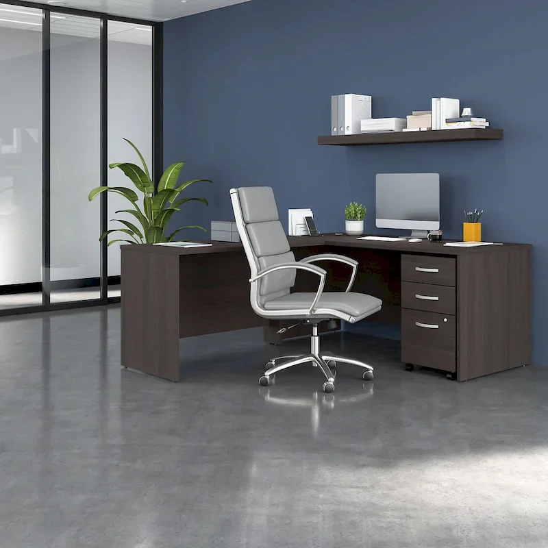 Storm Gray / White L-Shaped Office Desk with Return & 3-Drawer File Cabinet, 1-Person