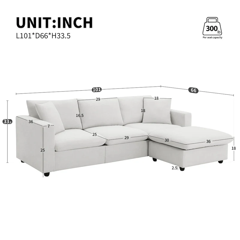 101  L-Shaped Cloud Sectional Sofa with Ottoman & Pocket Springs