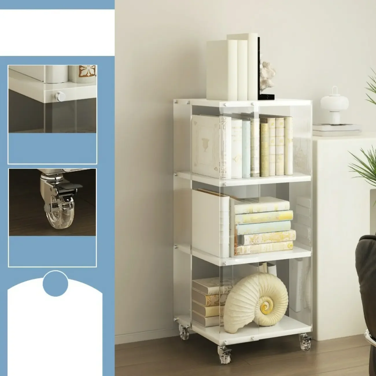 Acrylic 4-Tier Narrow Open Back Bookcase with Wheels