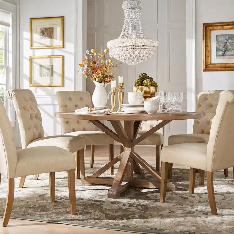 Benchwright Rustic X-base Round Pine Wood Rolled Back 7-piece Dining Set by iNSPIRE Q Artisan