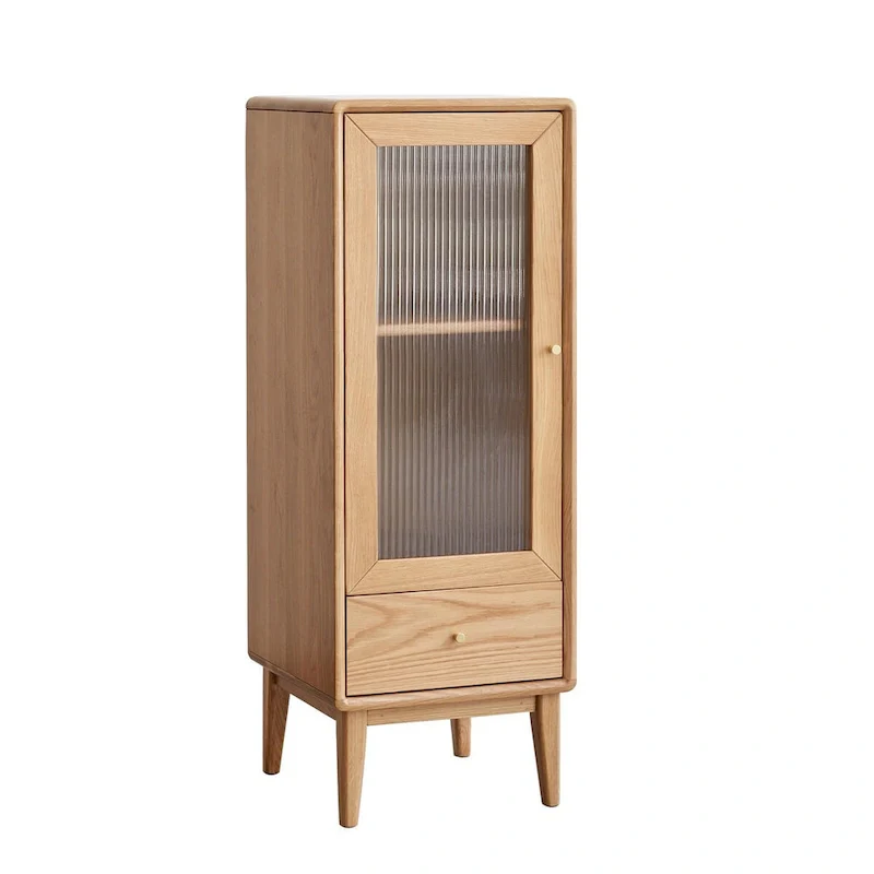 Solid Oak Storage Cabinet for Living Room Corner Cabinets Storage Table with Vintage Glass Door,2 Shelves,1 Drawers